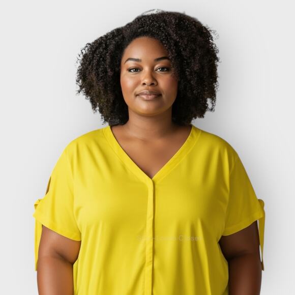 Eloquii Yellow V Neck Top 20 Short Sleeve Tie Detail Button Feminine Boho Look - Picture 9 of 9